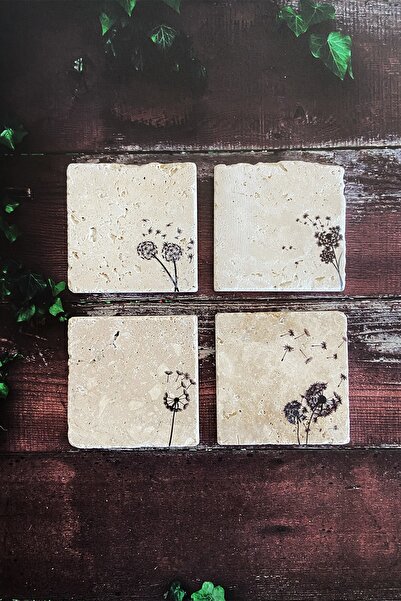 Baumatelier طقم قواعد أكواب من حجر الترافرتين الطبيعي بزهرة الهندباء مكون من ...