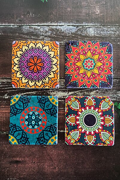 Baumatelier Colorful Mandala Natural Stone Travertine Coasters Set of 4