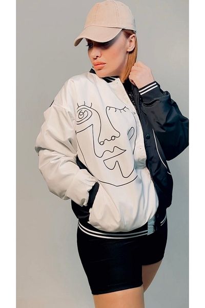 GAGATR Face Printed Right Left Different Color Satin College Jacket