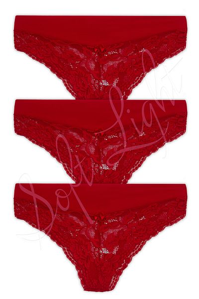 Soft Light Light, Women's, Fabric Waist, Red Slip 3-Piece Panties with Lace Bottom