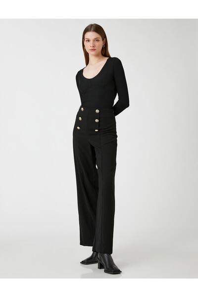 Koton Wide Leg Trousers Ribbed Button Detailed