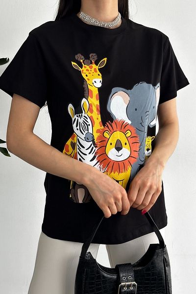 FEMELLE Tricou de damă negru cu gât cu imprimeu 100% bumbac