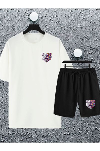 Jobia Outdoors Unisex Women Men Angry Panda Bear Printed White Design Summer Shorts Oversize T-shirt 2-Piece Set