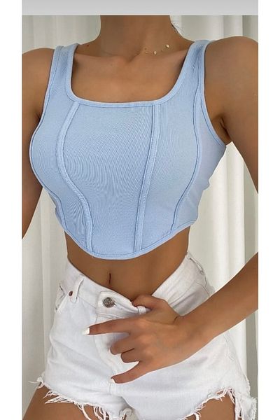 Blackseason Blue Baby Blue Decolteu Corset Look Corset Bluză Crop Damă