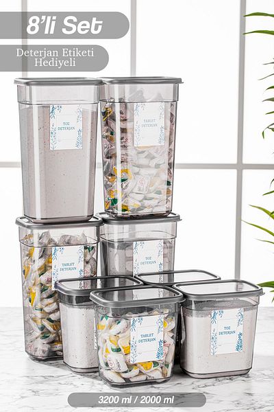 Meleni Home Mega készlet 8 db Elina téglalap alakú mosószer tároló tartály tabletta mosószer tároló doboz 4x (3,2 LT-2 LT)