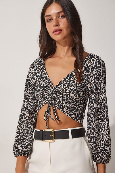 Happiness İstanbul Women's Black Cream Patterned Gathered Crop Blouse MC00180