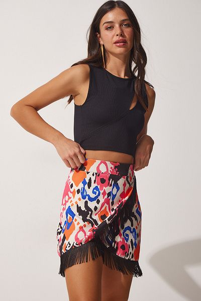 Happiness İstanbul Women's White Pink Tasseled and Patterned Wrap Skirt ON00045