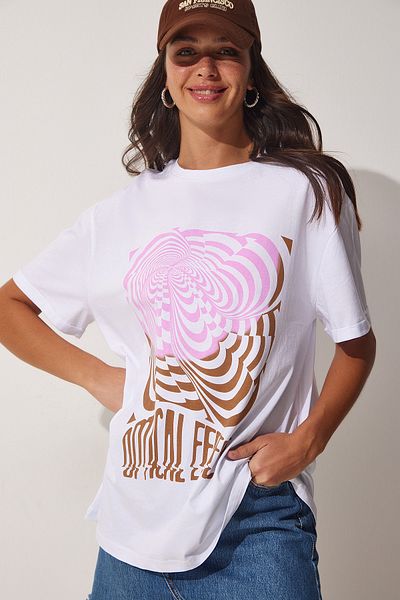 Happiness İstanbul Tricou oversize cu imprimeu alb de damă NV00057