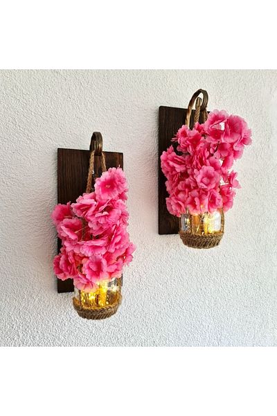 STDEKOR Wall Decoration, LED Light, Pink Spring Branch Flowers, Walnut Sconce Set of Two