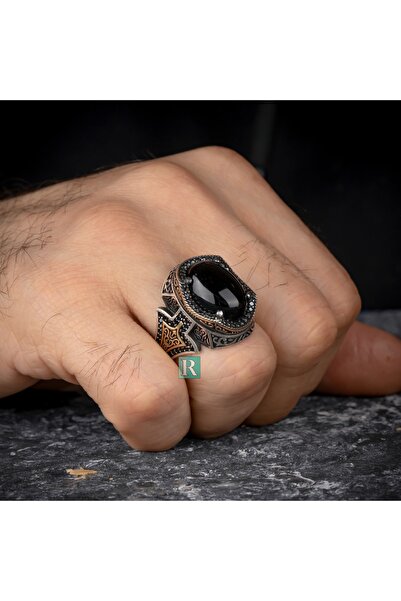 RevSilver Oval Siyah Oniks Taşı 925 Ayar Gümüş Yüzük Yanlardan Mini Zirkon Iş...