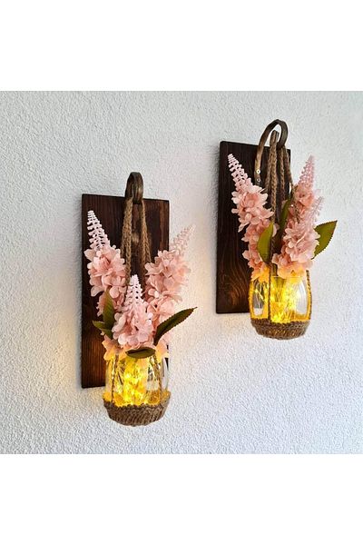 STDEKOR Wall Decoration, LED Light, Pink Wallflower, Walnut Sconce Set of Two