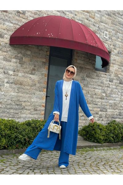 NS Moda Hijab Linen 3 Piece Set Indigo Model-452