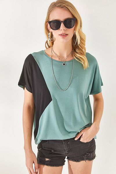 Olalook Mintgrüne Damen-Bluse aus Viskose mit Fledermausmuster und Farbblockmuster BLZ-19002283