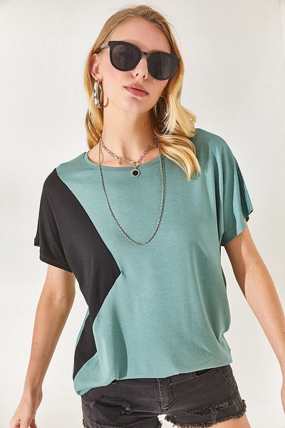 Olalook Mintgrüne Damen-Bluse aus Viskose mit Fledermausmuster und Farbblockmuster BLZ-19002283