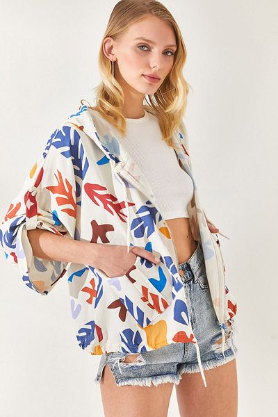 Olalook Women's Ecru Hooded Pocket Detailed Patterned Linen Jacket CKT-19000341