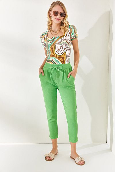 Olalook Women's Pistachio Green Pocketed Accessory Belted Trousers PNT-19000227