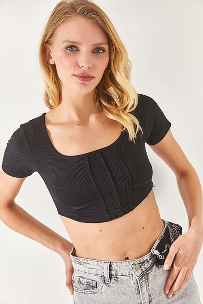 Olalook Schwarze Damen-Korsettbluse mit quadratischem Kragen und bauchfreiem Schnitt BLZ-19002286