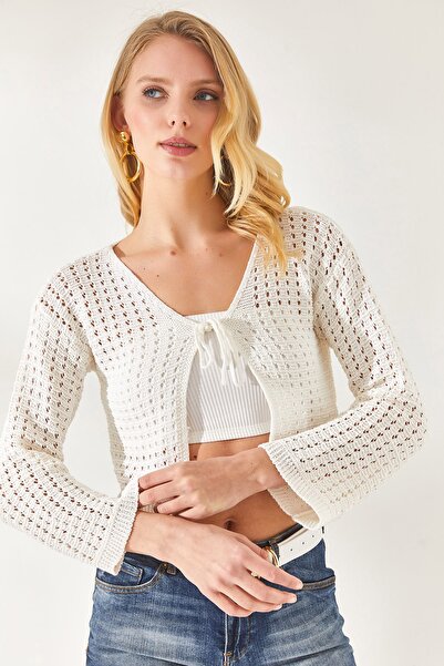 Olalook Kadın Ekru Bağlama Detaylı Crop Pamuk Triko Hırka HRK-19000223