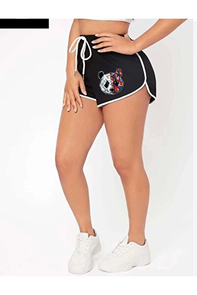 Zeo giyim Kadın Yırtmaçlı Mini Panda Baskılı Penye Şort