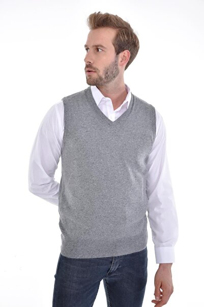 Çizgi Triko Men's V-Neck Gray Sweater Regular Fit with Angora Rabbit Wool
