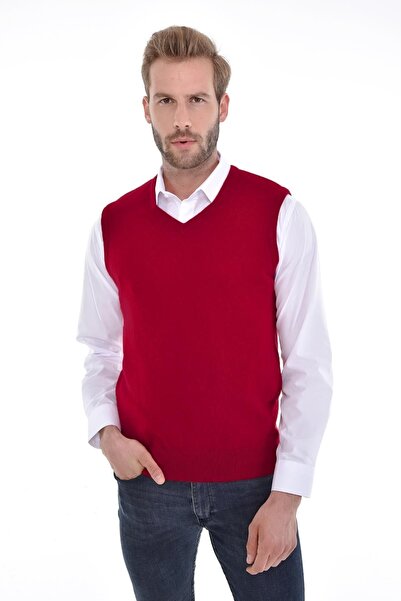Çizgi Triko Men's V-Neck Burgundy Sweater Regular Fit with Angora Rabbit Wool