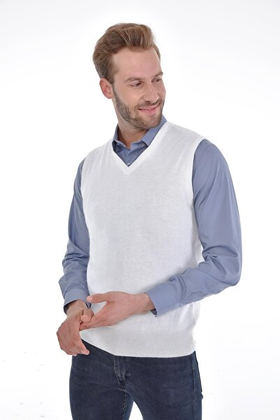 Çizgi Triko Ανδρικό λευκό πουλόβερ με λαιμόκοψη V με κανονική εφαρμογή από μαλλί κουνελιού Angora