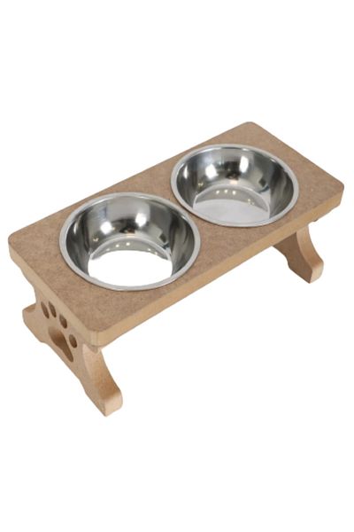 TİNEKE Demountable Wooden Cat Food and Water Bowl with 2 Steel Bowls