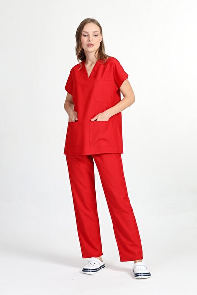 BAŞAK Kadın Kırmızı Yarasakol Scrubs Doktor Hemşire Forması Takım (ALPAKA KUMAŞ)
