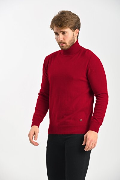 Çizgi Triko Men's Full Fisherman Claret Red Sweater Angora Rabbit Wool Regular Fit