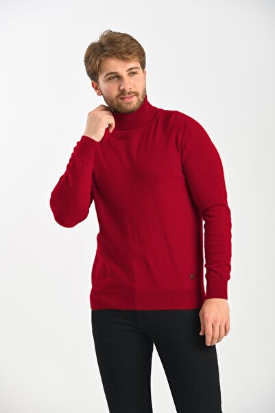 Çizgi Triko Men's Full Fisherman Claret Red Sweater Angora Rabbit Wool Regular Fit