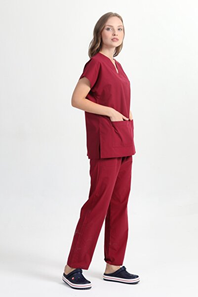 BAŞAK Terikoton Yarasakol Kadın Scrubs Doktor Hemşire Forması Takım Bordo