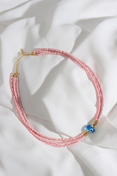 Süspüs Accessories Pink Bead Necklace with Evil Eye Beads