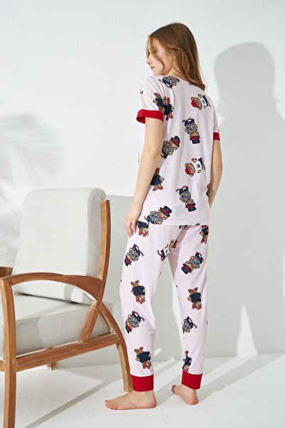 Siyah İnci Pembe Şapkalı Ayıcık Desenli Örme Pijama Takımı
