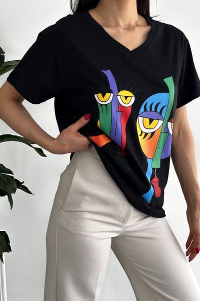 FEMELLE Tricou negru din bumbac imprimat cu decolteu în V de damă