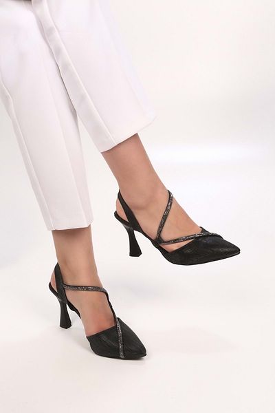 Shoeberry Women's Mungo Black Glitter Stone Heeled Shoes