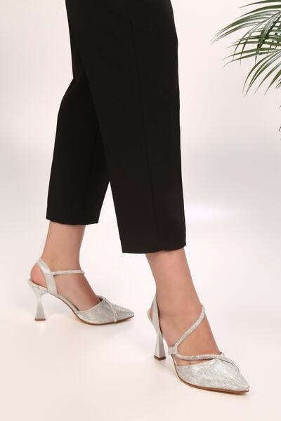 Shoeberry Women's Mungo Silver Glitter Stone Heeled Shoes