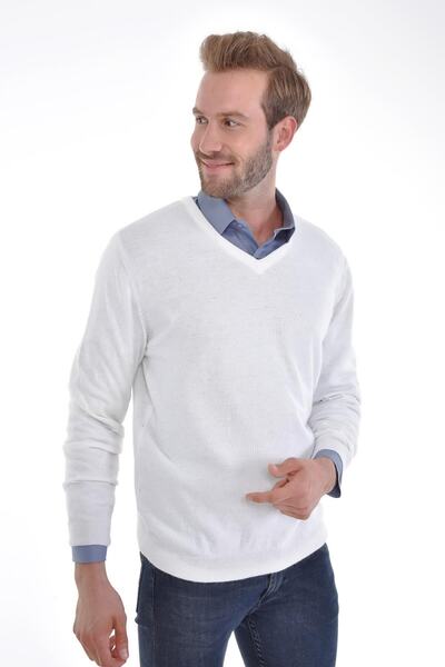 Çizgi Triko Ανδρικό πουλόβερ με λαιμόκοψη V, λευκό κουνέλι Angora, κανονική εφαρμογή