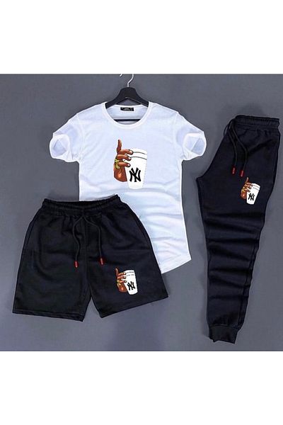 PUNIX Ringed Cup Holding Hand Printed Short Sleeve Summer Men's 3-Piece Tracksuit Set