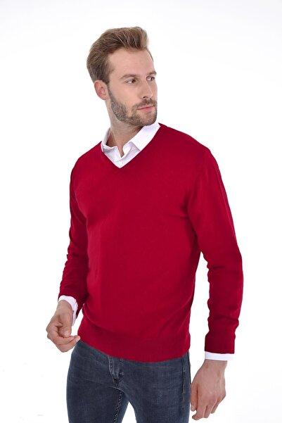 Çizgi Triko Men's V-Neck Burgundy Angora Rabbit Wool Sweater Regular Fit