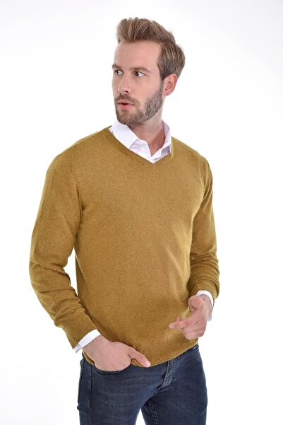 Çizgi Triko Ανδρικό πουλόβερ με λαιμόκοψη σε σχήμα V Camel Angora Rabbit Woolen με κανονική εφαρμογή