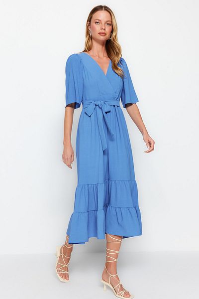 Trendyol Collection Indigo pásek A-střih Dvouřadý límec Detail zad Midi Woven Šaty TWOSS23EL02164