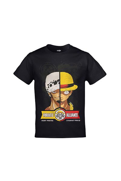 Orijin Tekstil One Piece Pirate Alliance Heart Pirates Strawhat Pirates Μπροστά πίσω με τυπωμένο Unisex μαύρο μπλουζάκι