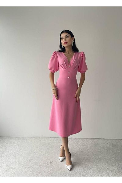 conconmoda Women's Mid-Length Dress Buttoned Chest Low-cut Balloon Sleeve Dress