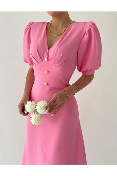 conconmoda Women's Mid-Length Dress Buttoned Chest Low-cut Balloon Sleeve Dress