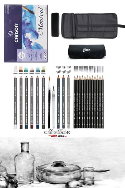 GLANCE Canson Montval 18x25cm300gr 12 Cretacolor 6-Piece Aquarell Waterable Brush Roll Pen Holder Set