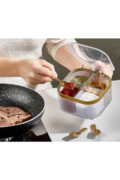 Bayev Countertop and Table Top Spice Rack with Lid 4 Pieces Spoon Gift 4 Compartments (RESTORAN AND CAFE FITABLE)