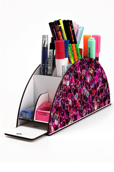 kutuTR Wooden Vip Mixed Rainbow Ruled Desktop Pen Holder Organizer with Assembled Box