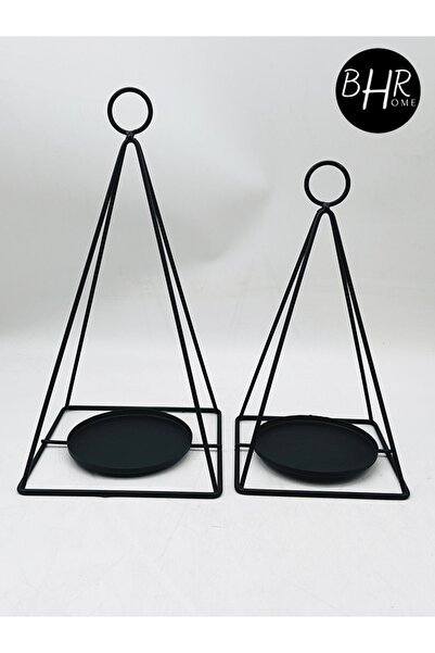 BHRHOME Özel Tasarım Ferforje Piramit 2'li Siyah Mumluk