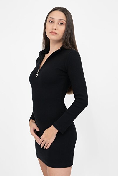 Soyo Γυναικείο Μαύρο Πλεκτό Φόρεμα Καμισόλα με φερμουάρ Super Mini