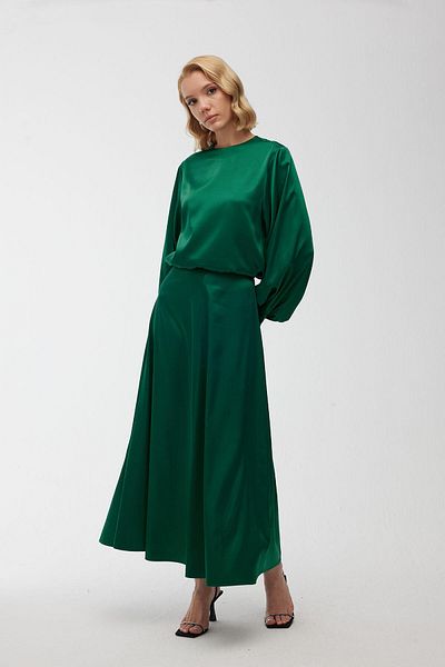 Manuka Σατέν Βραδινό Φόρεμα Flared Φούστα Emerald